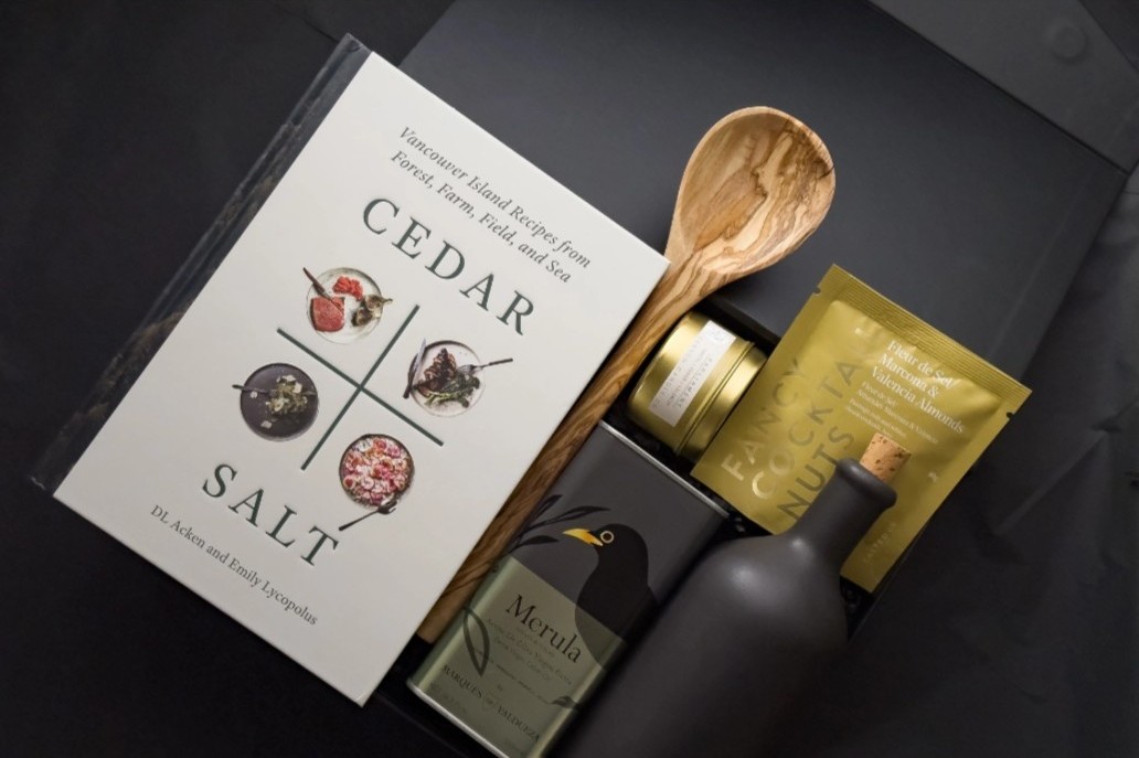 Cedar + Salt cookbook with olive wood spoon and cocktail nuts