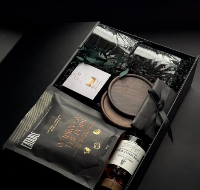 Whiskey on the Pops gift box with walnut coasters and maple syrup